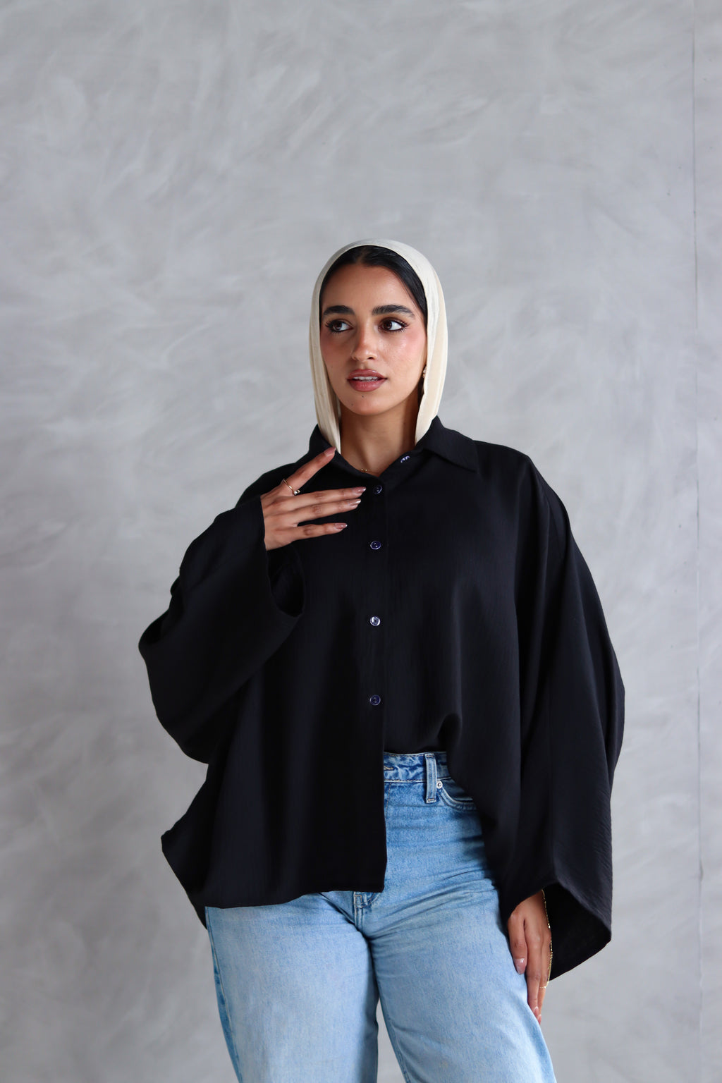 Linen Oversized Wide Sleeves Shirt in Black