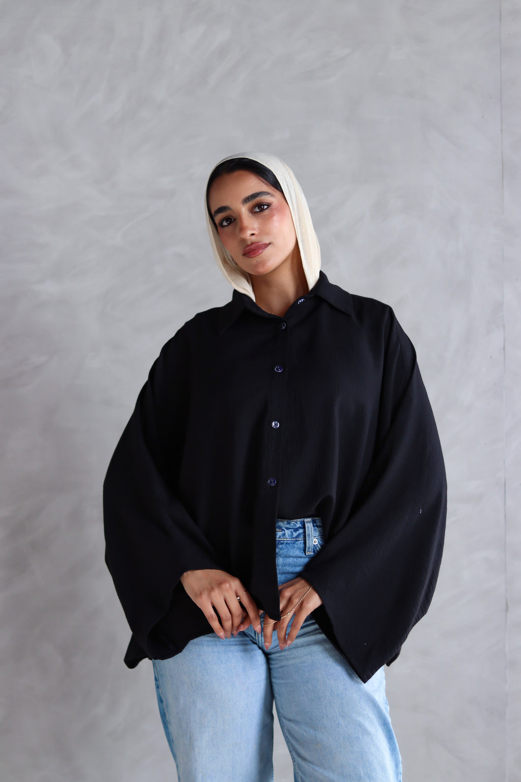 Linen Oversized Wide Sleeves Shirt in Black