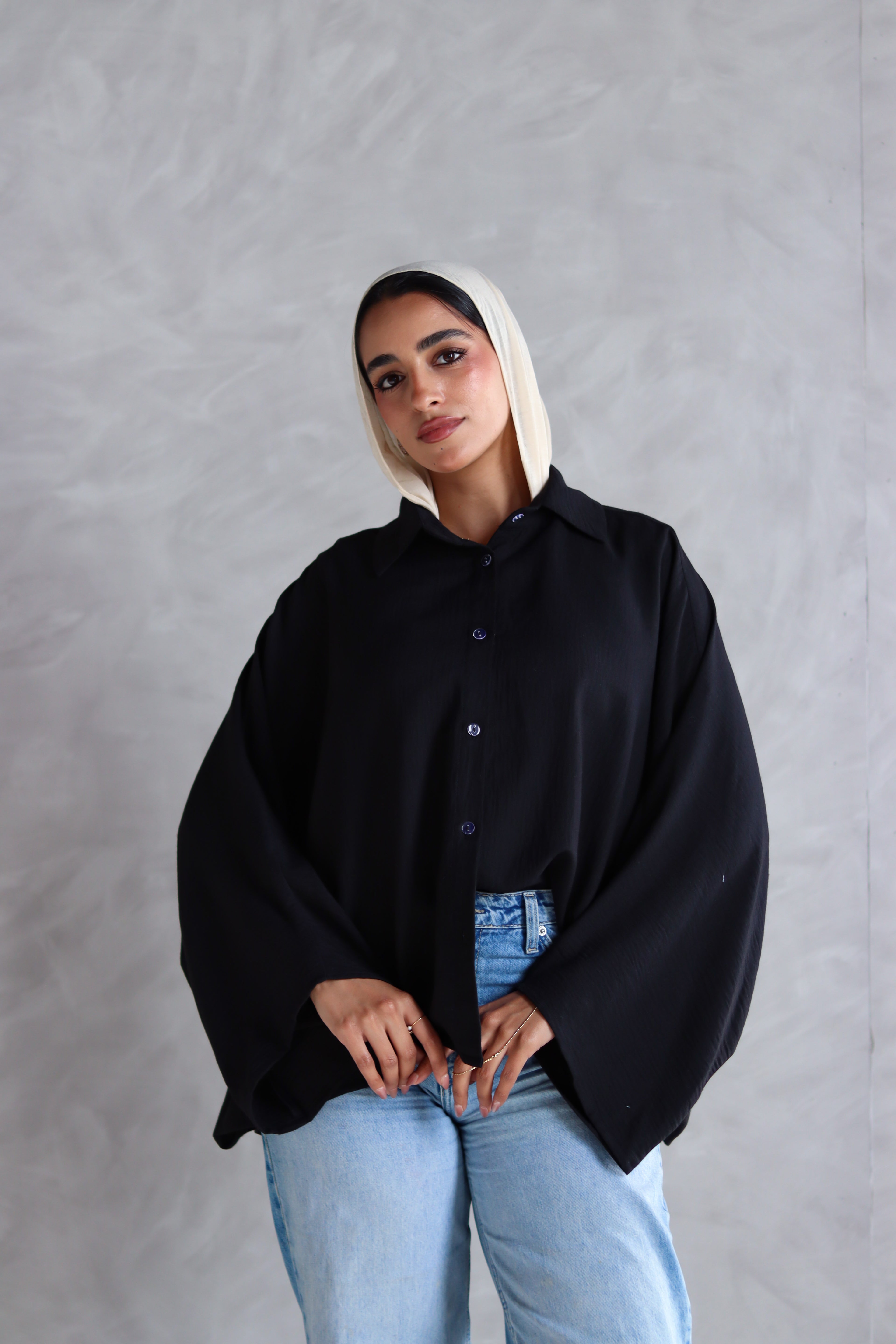 Linen Oversized Wide Sleeves Shirt in Black