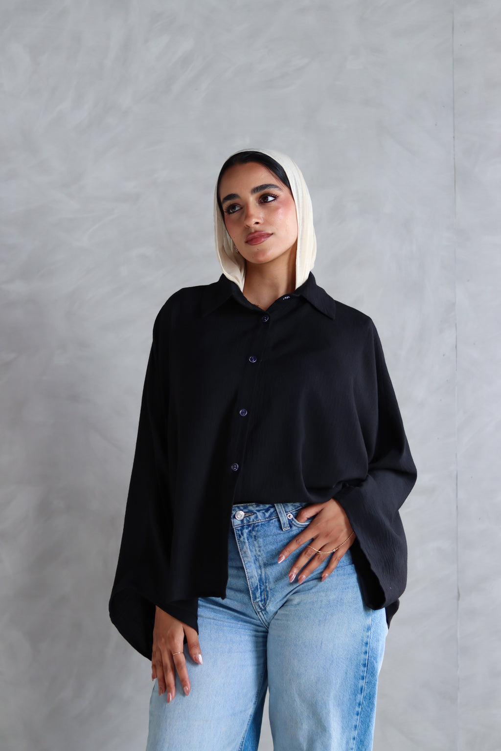 Linen Oversized Wide Sleeves Shirt in Black