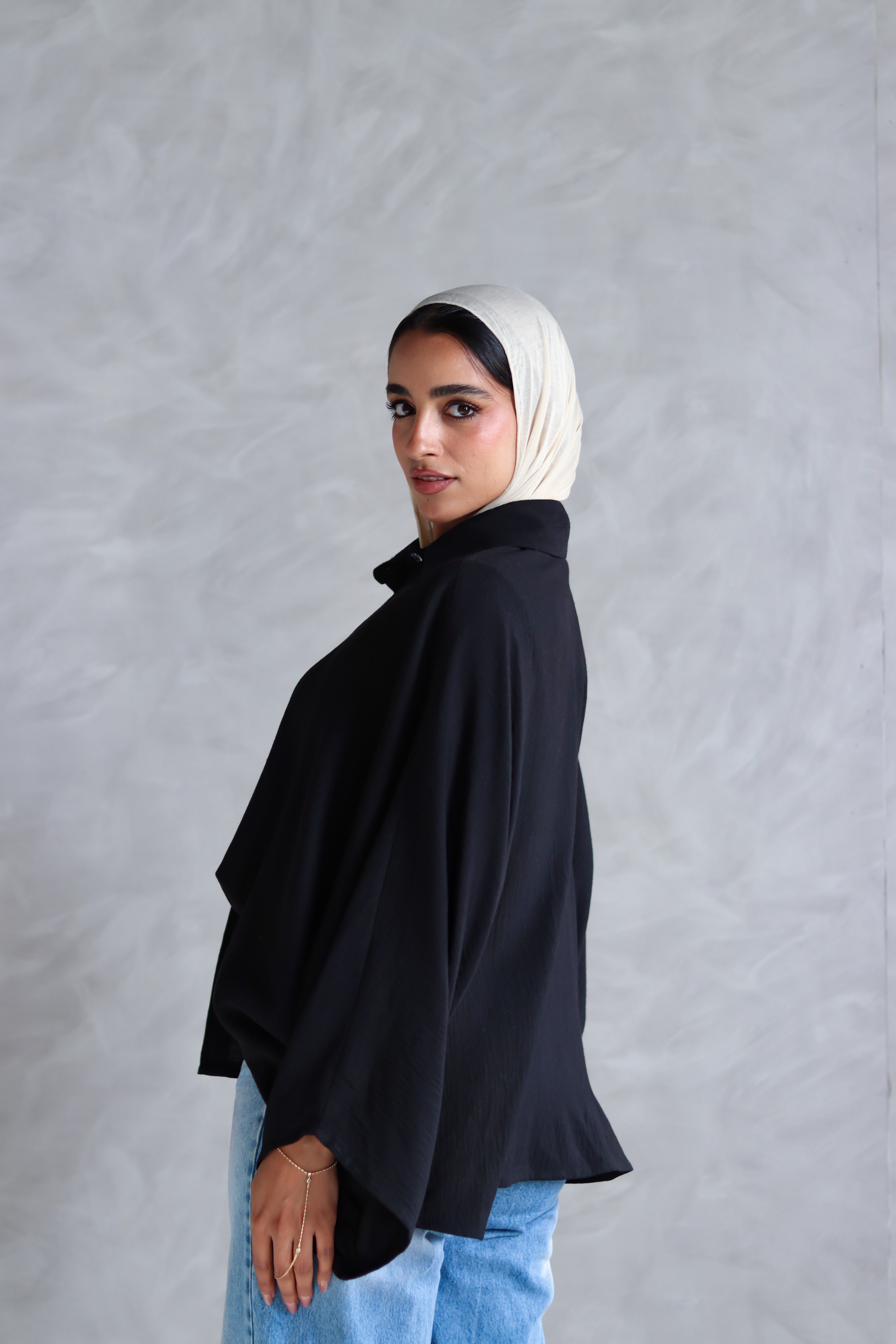 Linen Oversized Wide Sleeves Shirt in Black