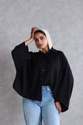 Linen Oversized Wide Sleeves Shirt in Black