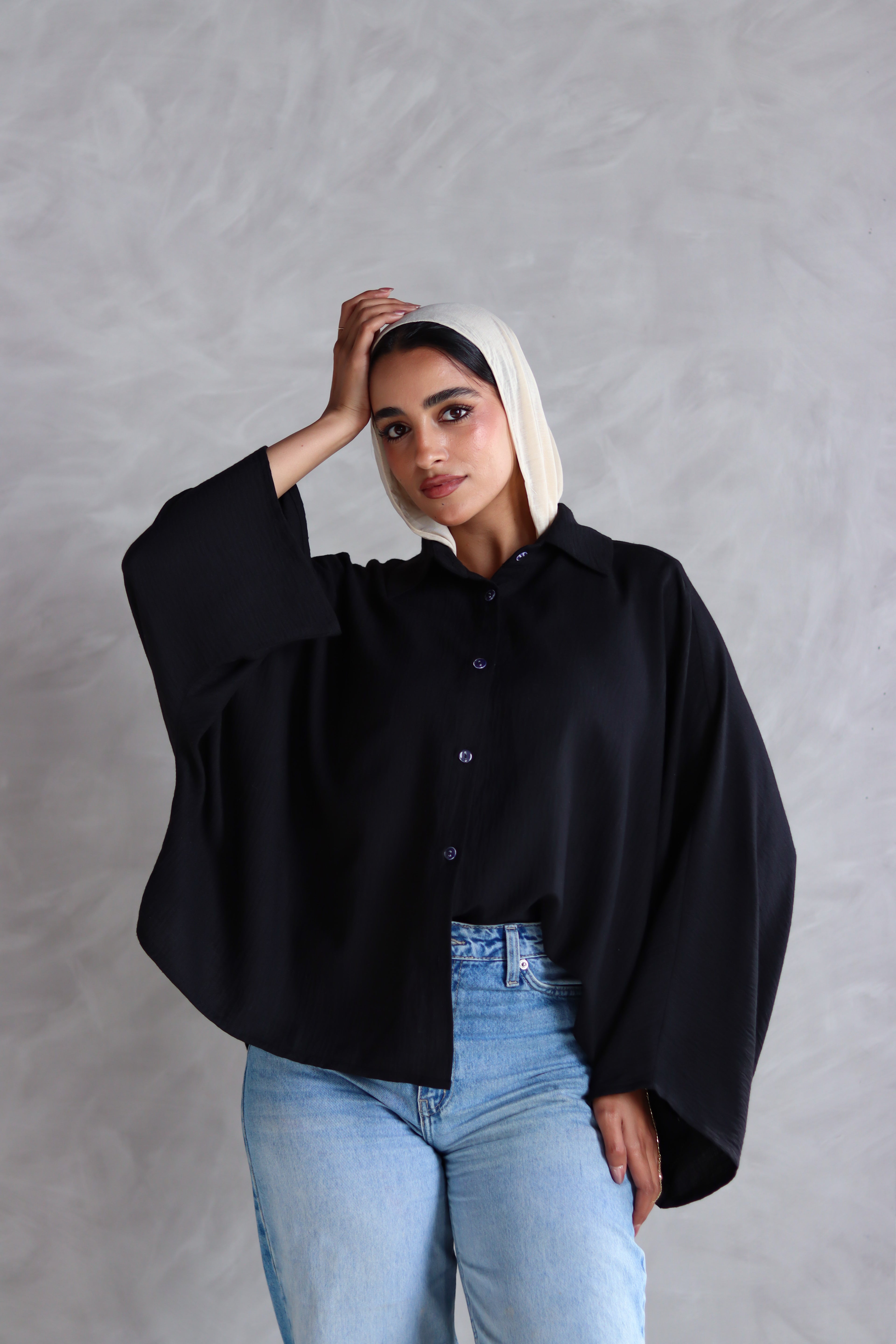 Linen Oversized Wide Sleeves Shirt in Black
