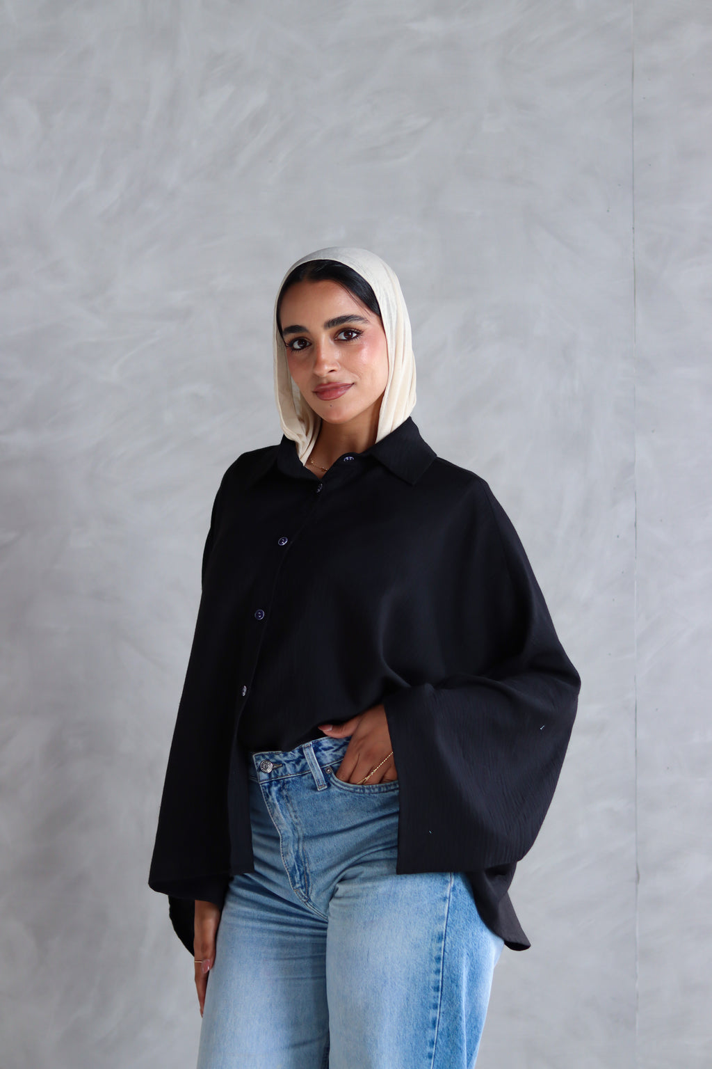 Linen Oversized Wide Sleeves Shirt in Black