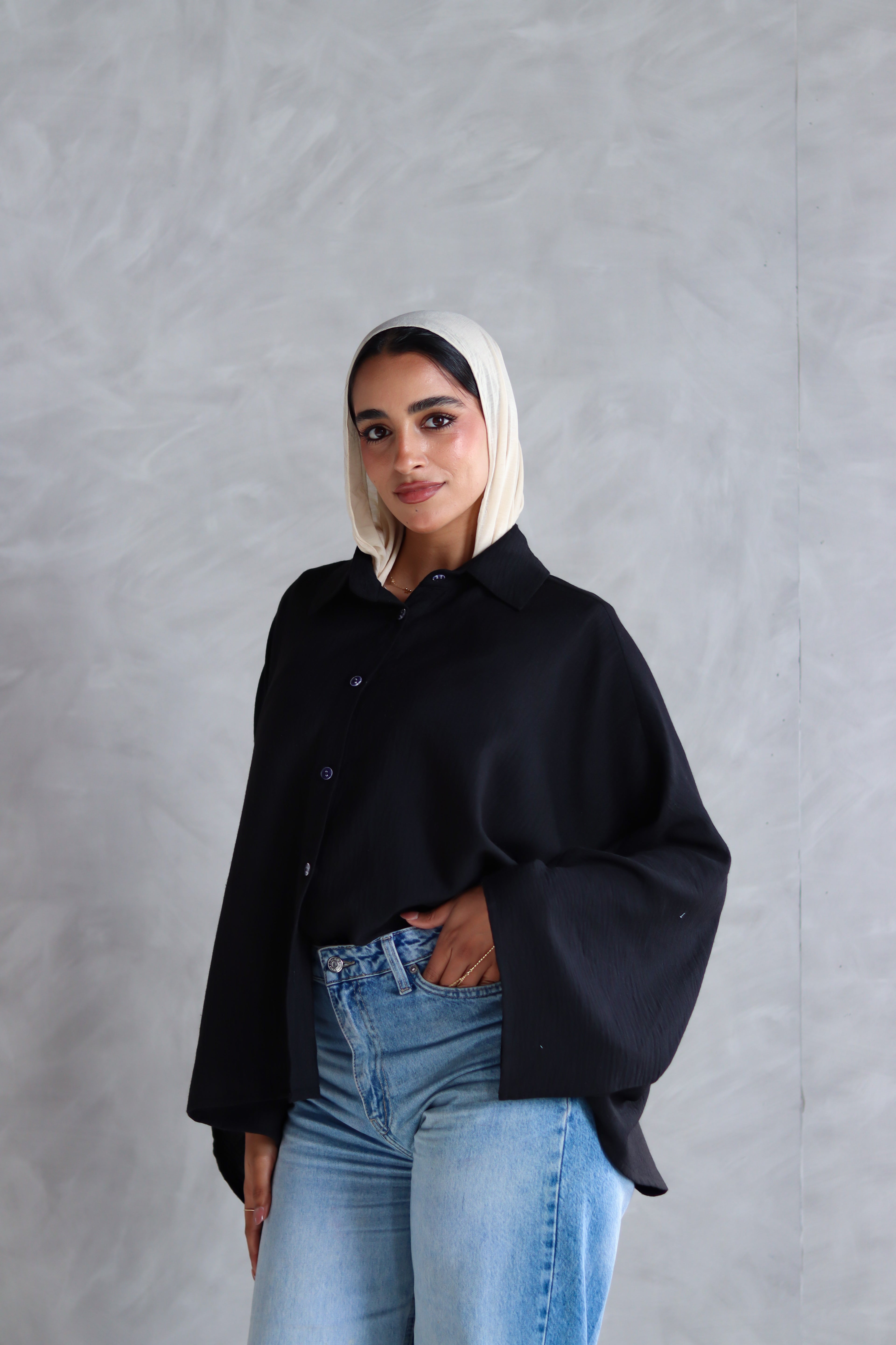 Linen Oversized Wide Sleeves Shirt in Black