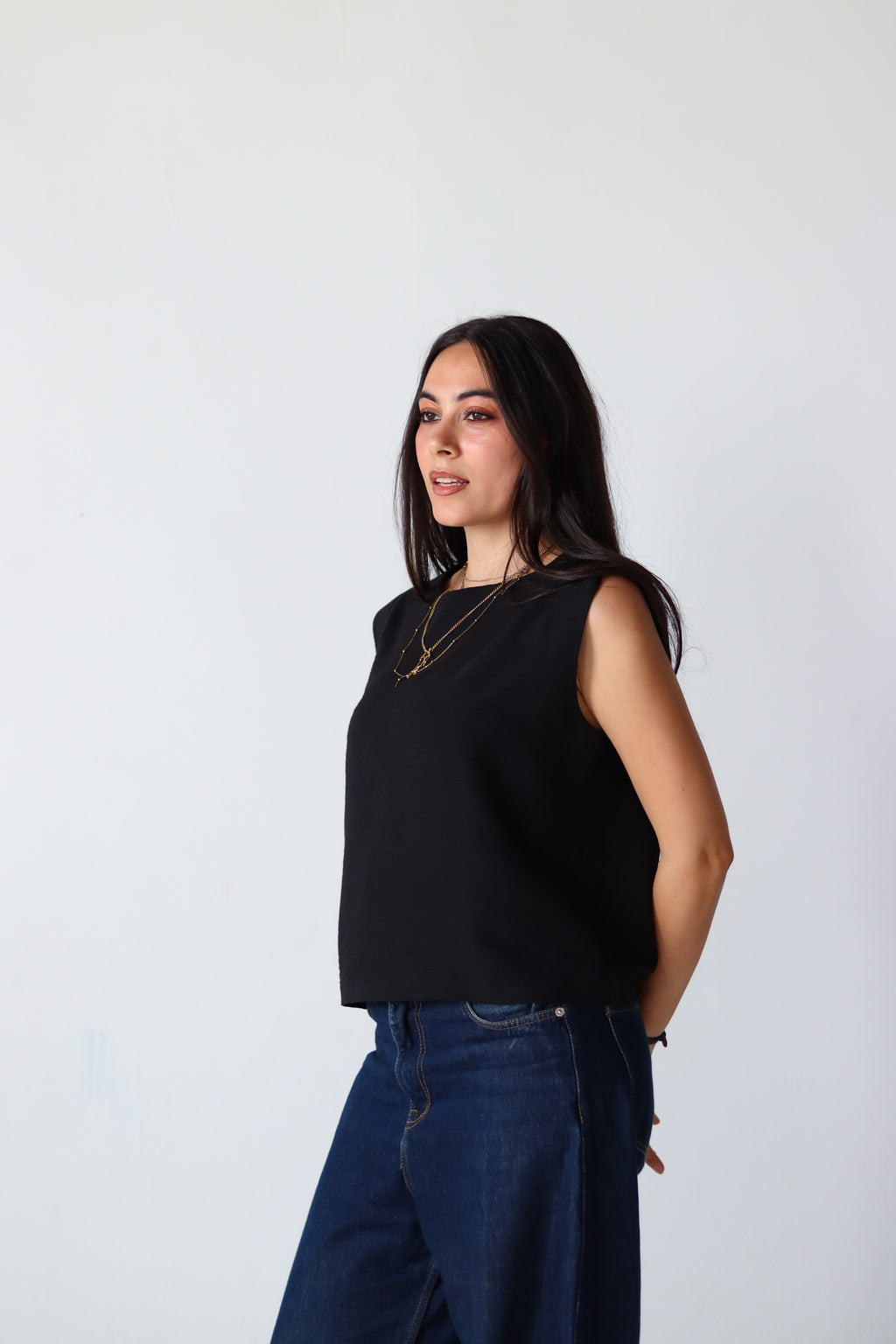 Linen Boxy Balloon Top in Black