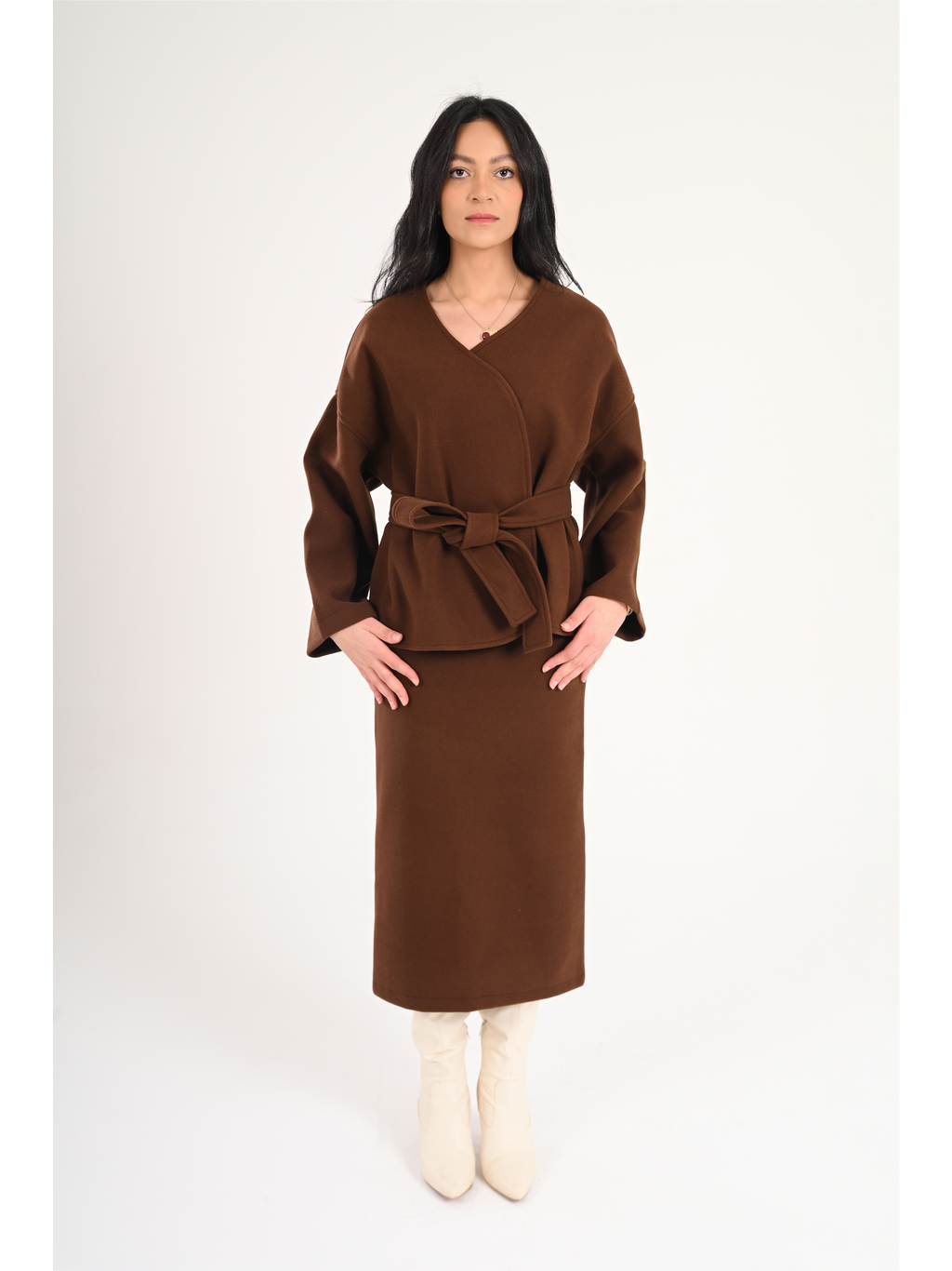 Luna Wool-Blend Wrap Set - Brown