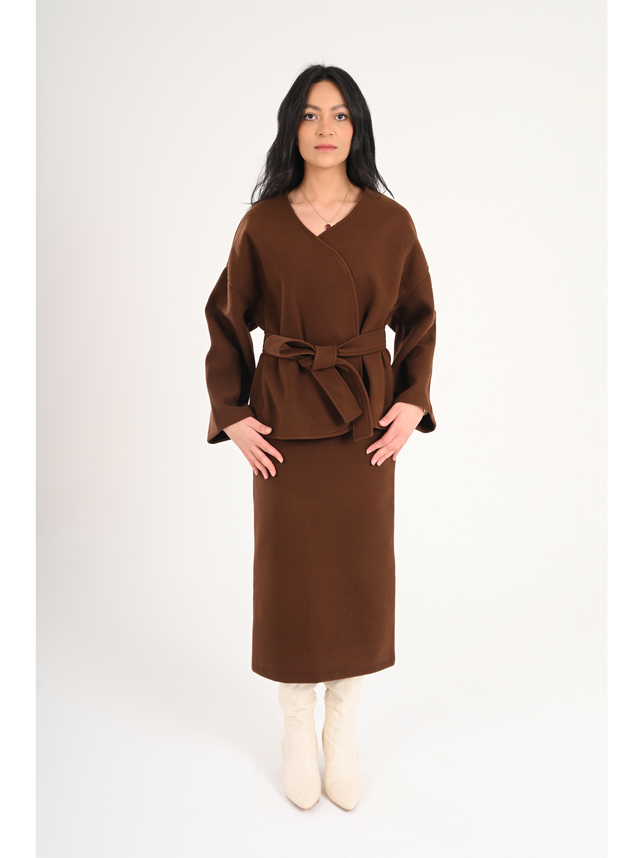 Luna Wool-Blend Wrap Set - Brown